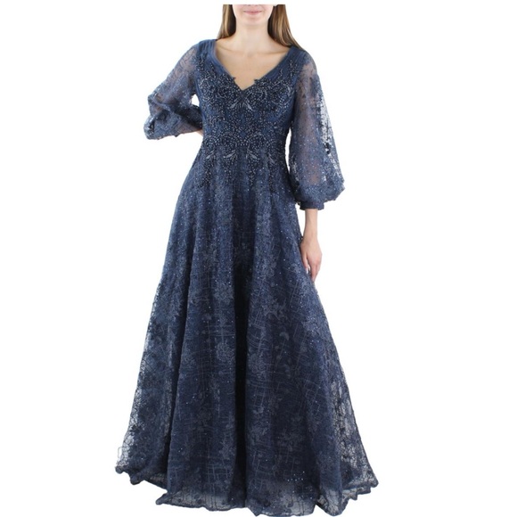 NWT MAC DUGGAL EMBELLISHED PLUNGE NECK PUFF SLEEVE A LINE GOWN 20283 - Picture 4 of 16